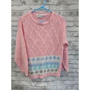 Vintage Sz S 80s Pink Collared Acrylic Ramie Knit Geometric Sweater Small